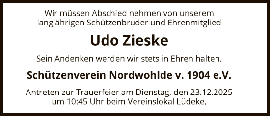 Traueranzeige von Udo Zieske von SYKS