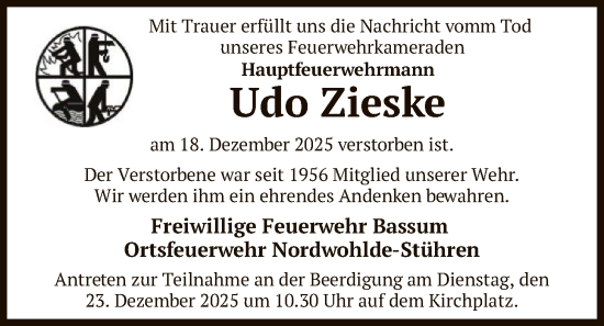 Traueranzeige von Udo Zieske von SYKS