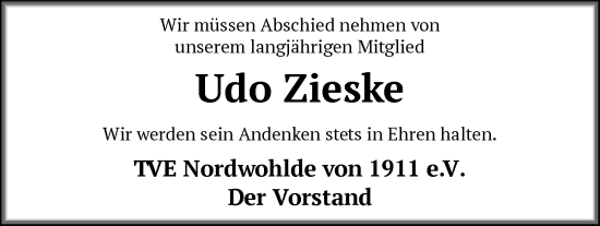 Traueranzeige von Udo Zieske von SYKS