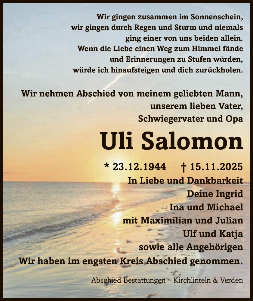  Traueranzeige für Uli Salomon vom 13.12.2025 aus SYKS