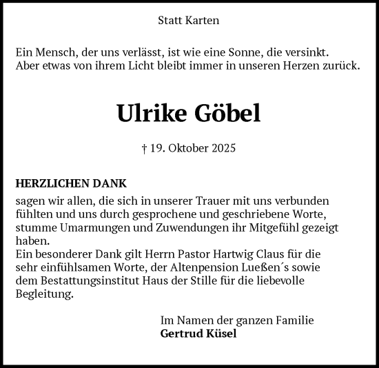 Traueranzeige von Ulrike Göbel von SYKS