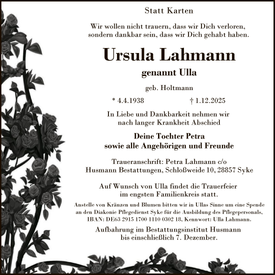 Traueranzeige von Ursula Lahmann von SYKS