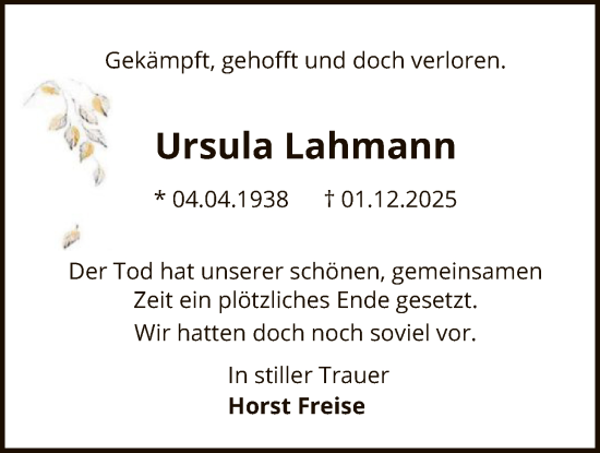Traueranzeige von Ursula Lahmann von SYKS