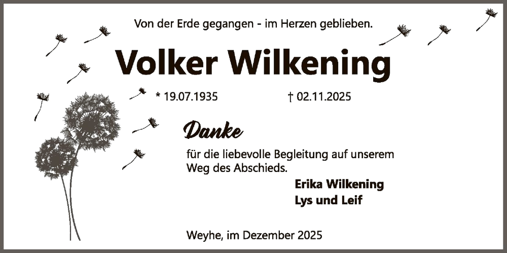  Traueranzeige für Volker Wilkening vom 08.12.2025 aus SYKS