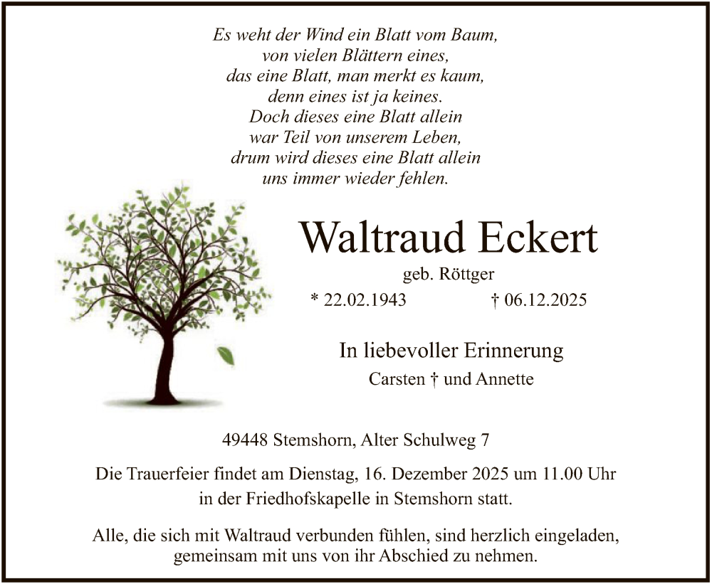  Traueranzeige für Waltraud Eckert vom 10.12.2025 aus SYKS