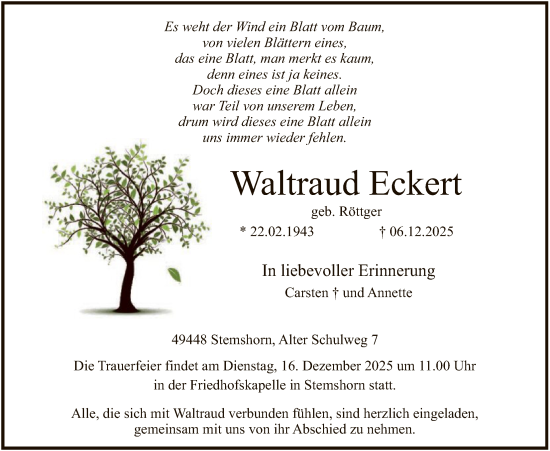 Traueranzeige von Waltraud Eckert von SYKS