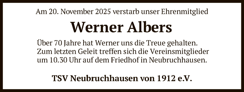  Traueranzeige für Werner Albers vom 02.12.2025 aus SYKS