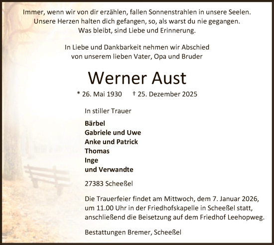 Traueranzeige von Werner Aust von SYKR