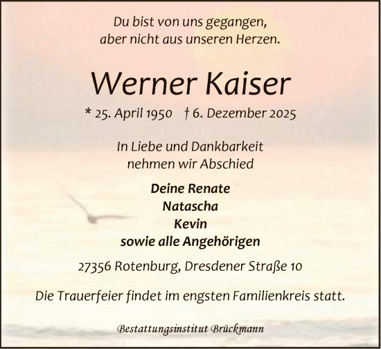 Traueranzeige von Werner Kaiser von SYKR