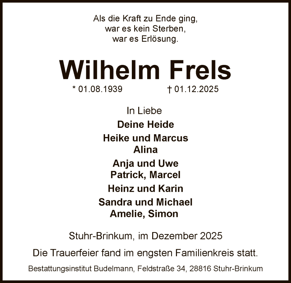  Traueranzeige für Wilhelm Frels vom 20.12.2025 aus SYKS