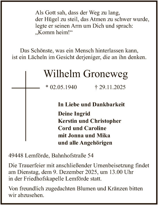 Traueranzeige von Wilhelm Groneweg von SYKS