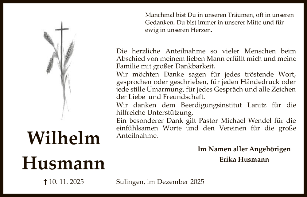  Traueranzeige für Wilhelm Husmann vom 20.12.2025 aus SYKS