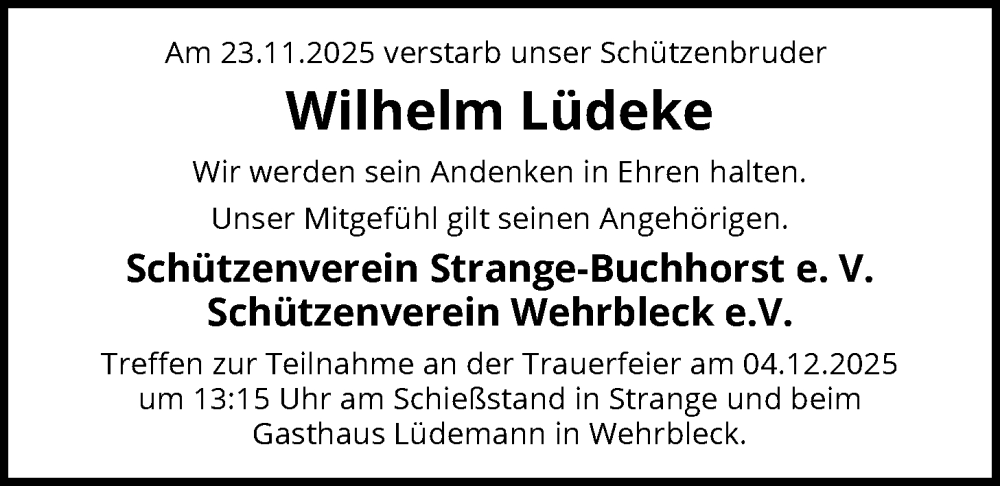 Traueranzeige für Wilhelm Lüdeke vom 02.12.2025 aus SYKS
