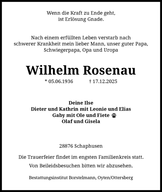 Traueranzeige von Wilhelm Rosenau von SYKS