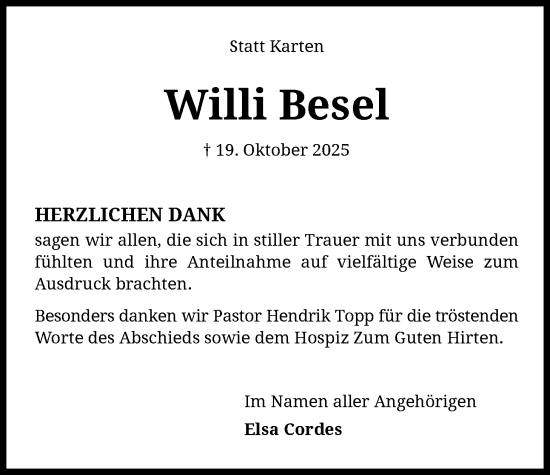 Traueranzeige von Willi Besel von SYKS