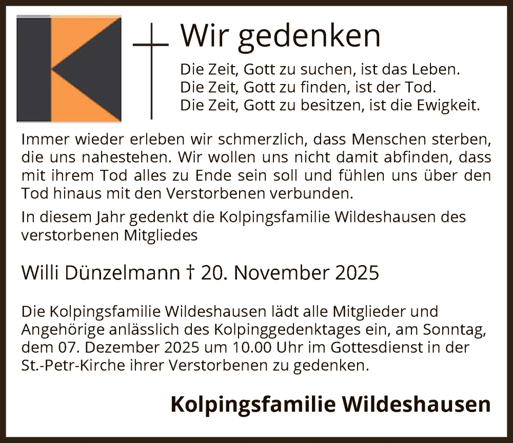  Traueranzeige für Willi Dünzelmann vom 03.12.2025 aus SYWZ