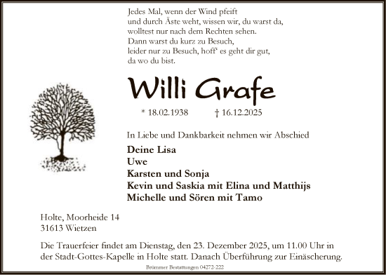 Traueranzeige von Willi Grafe von SYKS