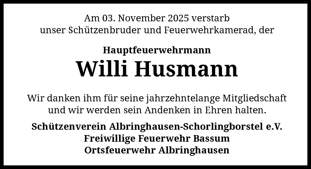  Traueranzeige für Willi Husmann vom 08.11.2025 aus SYKS