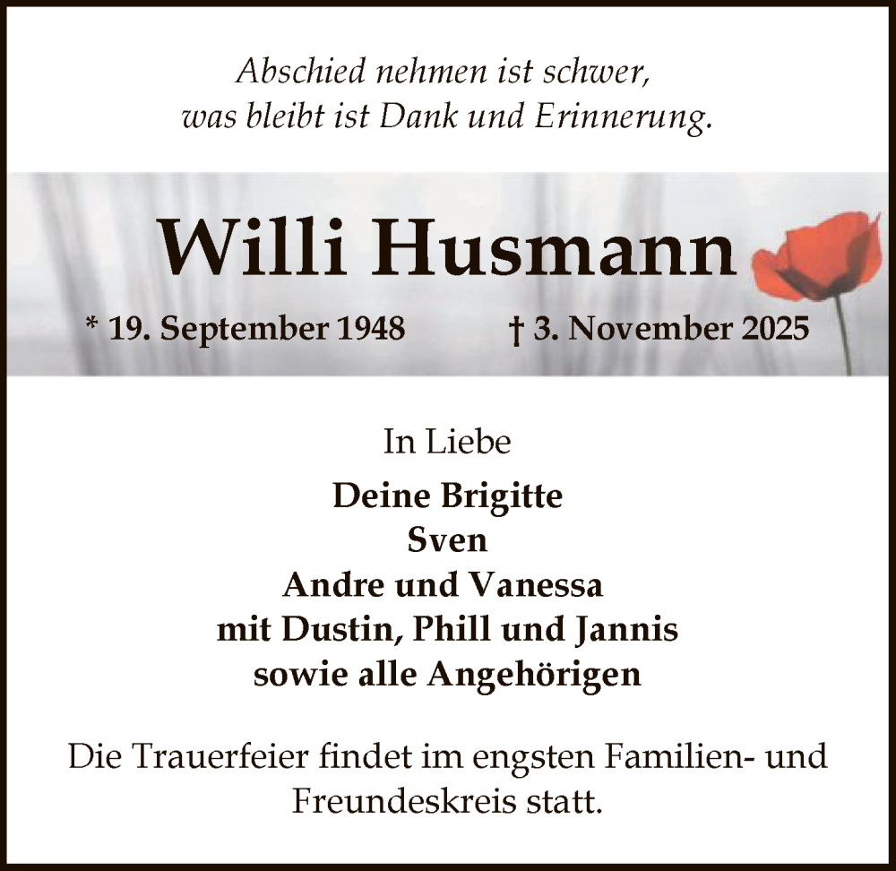  Traueranzeige für Willi Husmann vom 08.11.2025 aus SYKS