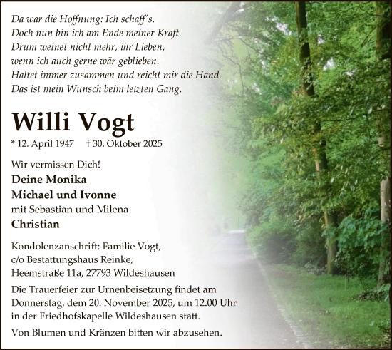 Traueranzeige von Willi Vogt von SYWZ