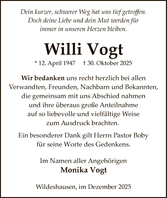 Traueranzeige von Willi Vogt von SYWZ