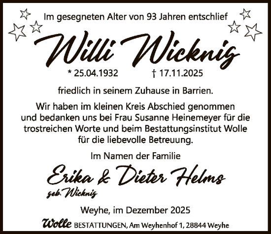 Traueranzeige von Willi Wicknig von SYKS
