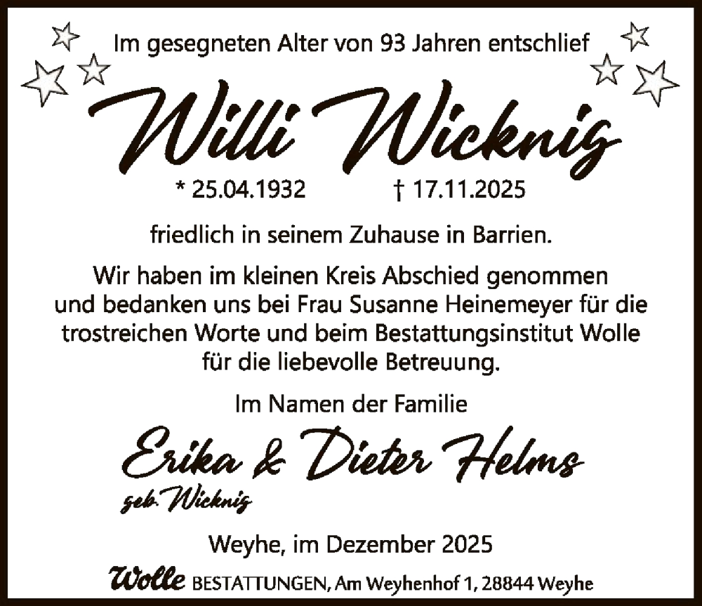  Traueranzeige für Willi Wicknig vom 20.12.2025 aus SYKS