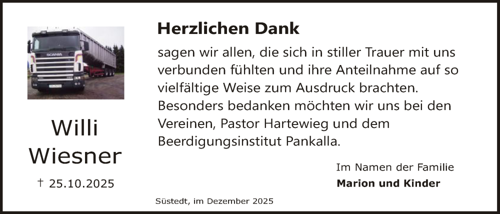  Traueranzeige für Willi Wiesner vom 12.12.2025 aus SYKS