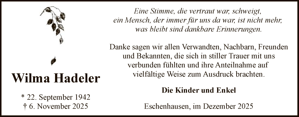  Traueranzeige für Wilma Hadeler vom 06.12.2025 aus SYKS