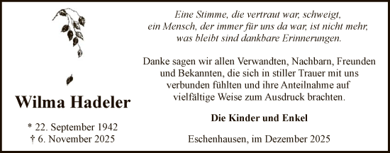 Traueranzeige von Wilma Hadeler von SYKS