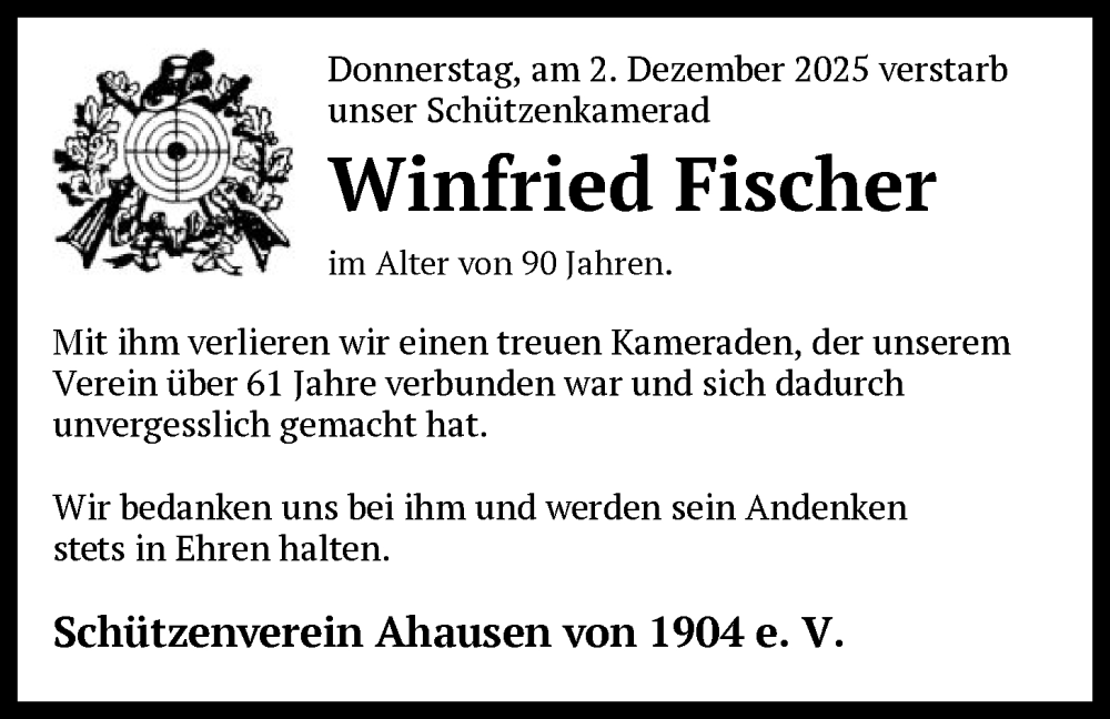  Traueranzeige für Winfried Fischer vom 13.12.2025 aus SYKR