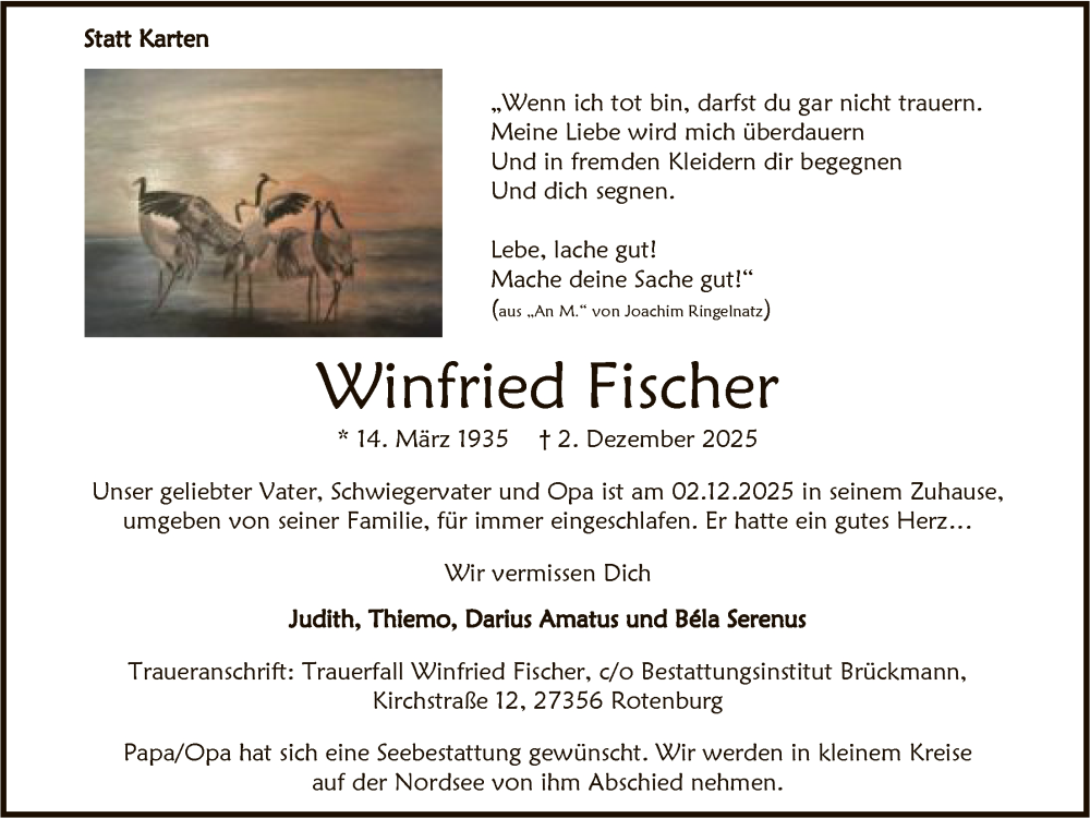  Traueranzeige für Winfried Fischer vom 13.12.2025 aus SYKR