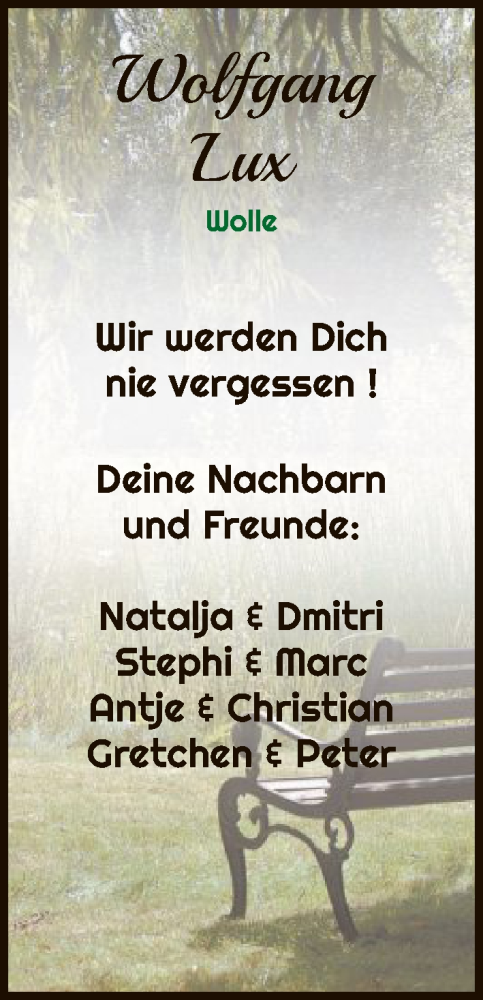 Traueranzeige von Wolfgang Lux von SYKS