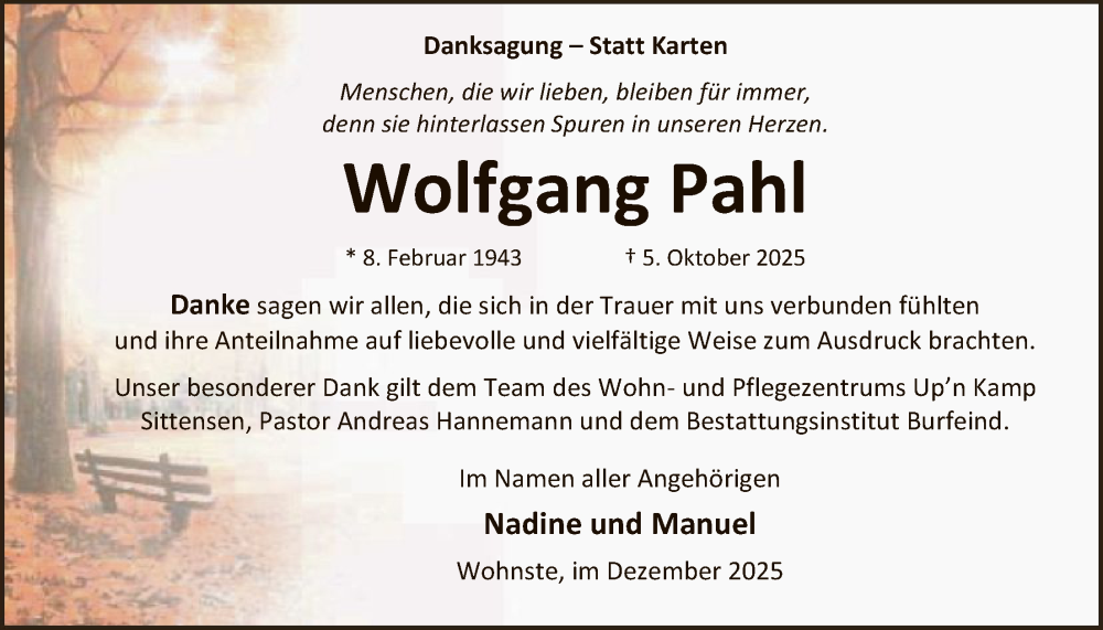  Traueranzeige für Wolfgang Pahl vom 20.12.2025 aus SYKR