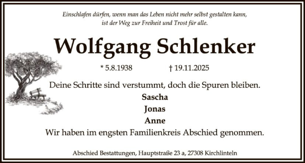 Traueranzeige für Wolfgang Schlenker vom 06.12.2025 aus SYKS