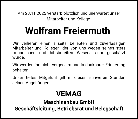 Traueranzeige von Wolfram Freiermuth von SYKS