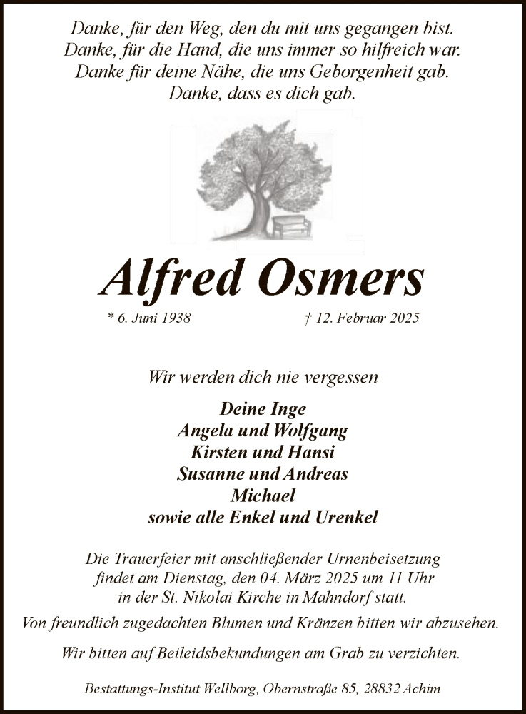  Traueranzeige für Alfred Osmers vom 22.02.2025 aus SYK