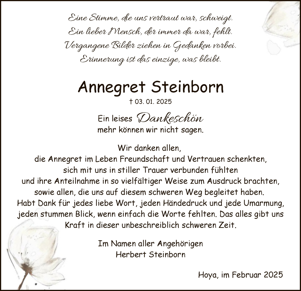  Traueranzeige für Annegret Steinborn vom 15.02.2025 aus SYK