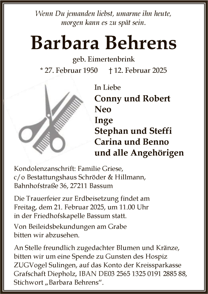  Traueranzeige für Barbara Behrens vom 15.02.2025 aus SYK