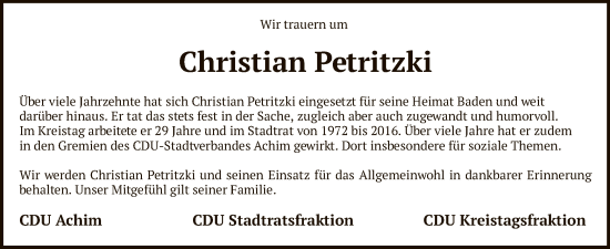 Traueranzeige von Christian Petritzki von SYK