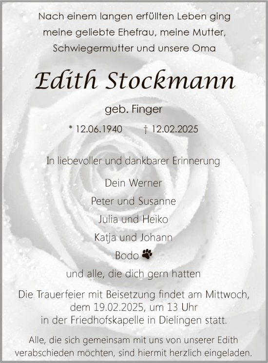 Traueranzeige von Edith Stockmann von SYK