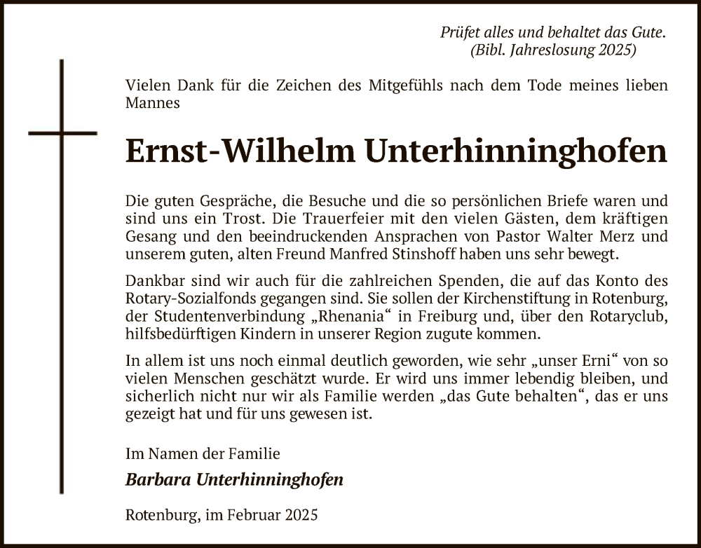  Traueranzeige für Ernst-Wilhelm Unterhinninghofen vom 15.02.2025 aus SYK