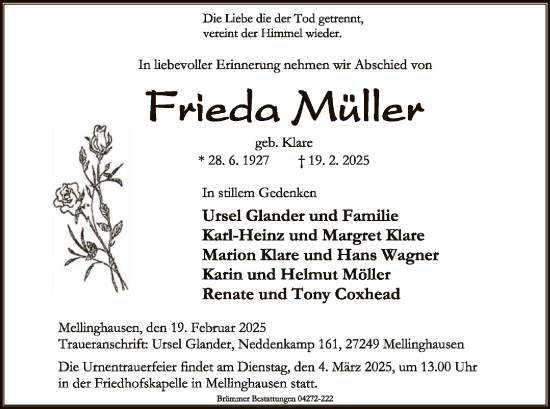 Traueranzeige von Frieda Müller von SYK