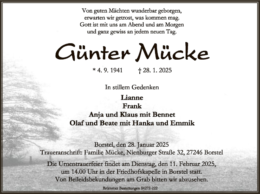  Traueranzeige für Günter Mücke vom 01.02.2025 aus SYK