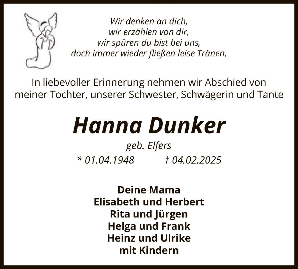  Traueranzeige für Hanna Dunker vom 15.02.2025 aus SYK