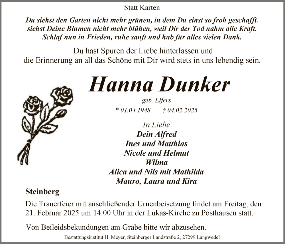  Traueranzeige für Hanna Dunker vom 15.02.2025 aus SYK