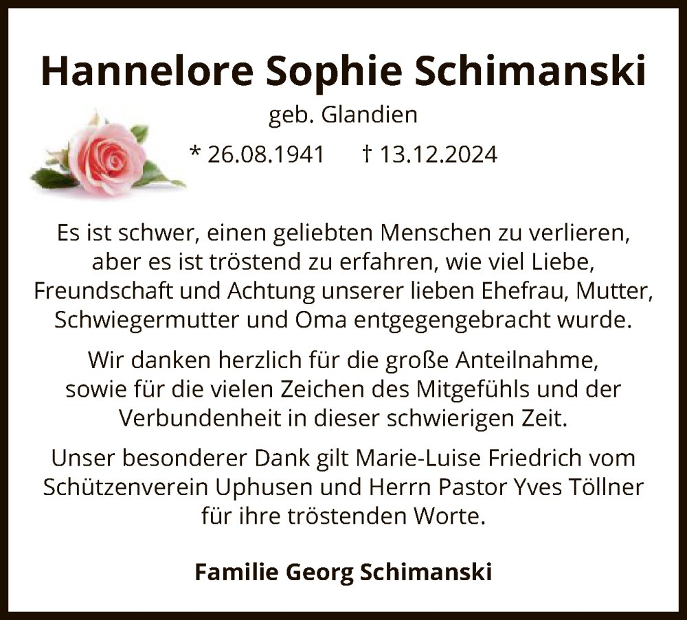  Traueranzeige für Hannelore Sophie Schimanski vom 22.02.2025 aus SYK