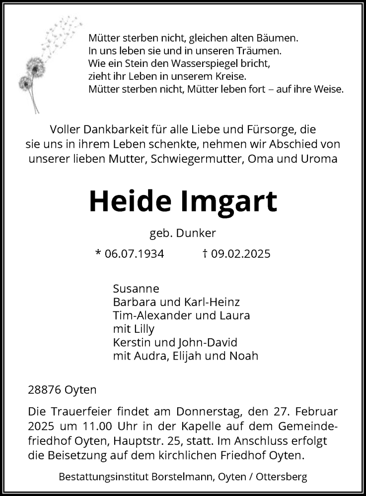  Traueranzeige für Heide Imgart vom 22.02.2025 aus SYK