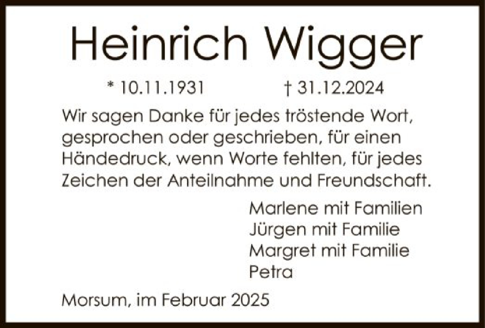  Traueranzeige für Heinrich Wigger vom 08.02.2025 aus SYKSYK