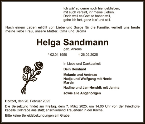 Traueranzeige von Helga Sandmann von SYKSYK